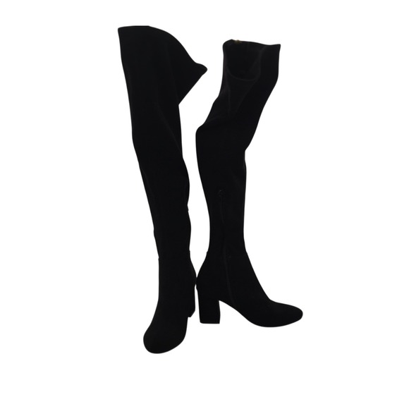 ShoeDazzle Nevaeh Black Over Knee Boots Gold Zip Modern Fall Chic 6 Retro Mod - Picture 5 of 11